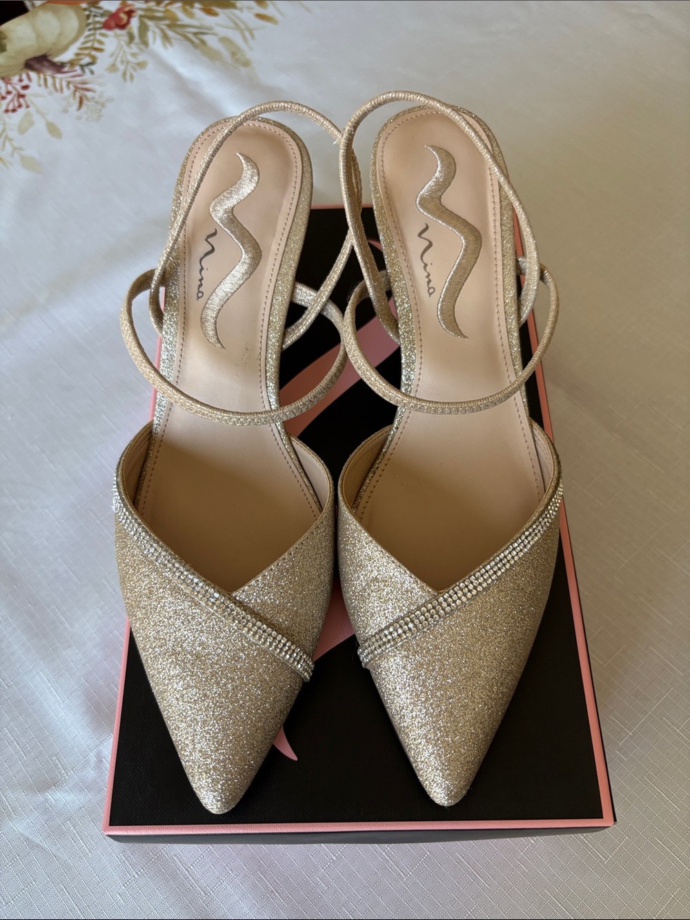 Nina Champagne Gold Glitter Pointed Toe Slingbacks